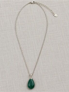 Green Teardrop Stone Pendant Necklace Silver Tone Chain LBVYR Signed
